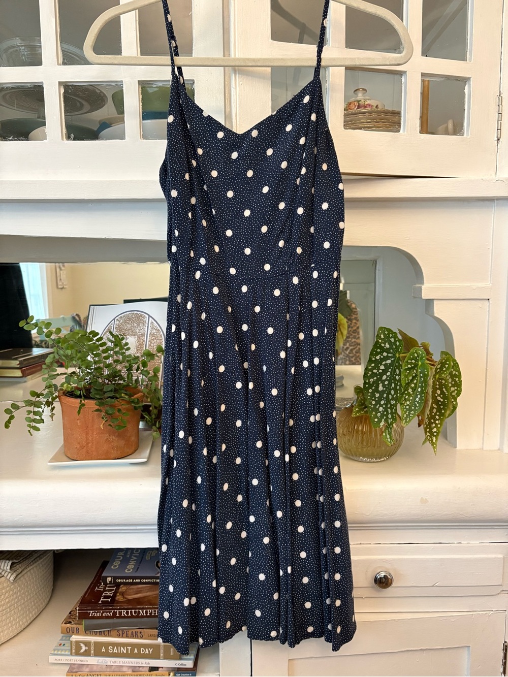 Old Navy Navy and White Polka Dot Midi Slip Dress